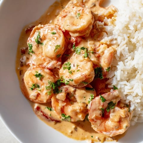 Cajun shrimp and creamy sauce piled on fluffy jasmine rice in a white bowl, garnished with fresh parsley.