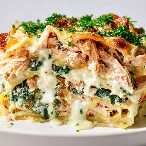 Golden baked Chicken Alfredo Lasagna bubbling with creamy sauce, spinach, and melted mozzarella in a white dish.  