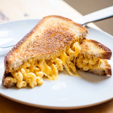 Golden, crispy slices of sourdough bread reveal a molten core of creamy Mac & Cheese Grilled Cheese, served hot.