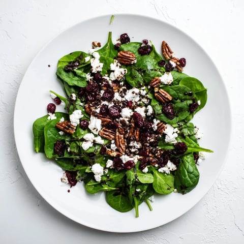 Bright baby spinach, creamy goat cheese crumbles, and tart dried cranberries tossed in a tangy balsamic vinaigrette, topped with crunchy candied pecans for an easy vegetarian salad.
