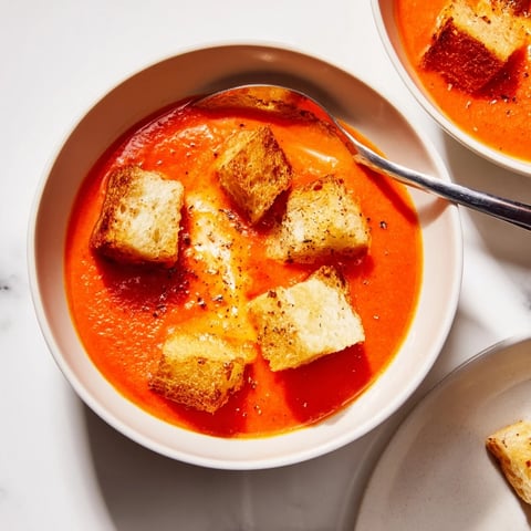 A close-up of roasted tomato soup with crispy croutons in a rustic ceramic bowl, garnished with fresh thyme.  