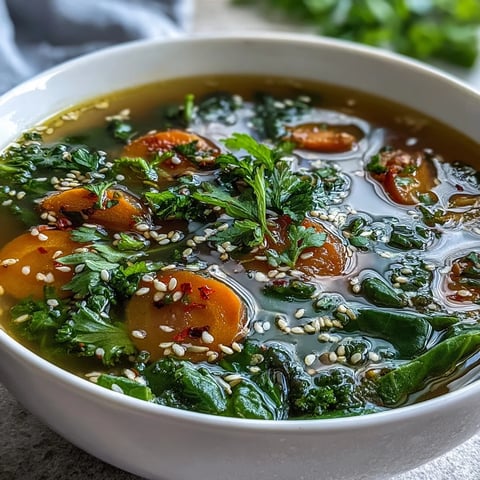A warm bowl of Collagen-Boosting Broth Bowl garnished with fresh parsley and lemon wedges, featuring tender carrots and spinach in golden broth.  