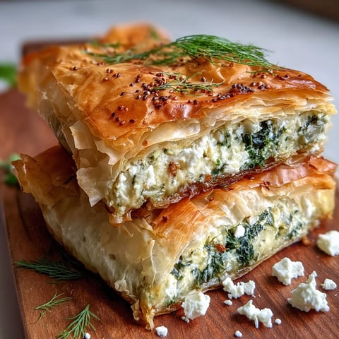 Golden filo pastry layers cradle a savory filling of feta cheese and wilted kale, baked to a crisp, flaky finish.