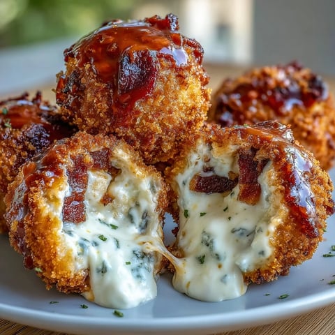 Freshly fried Buffalo Chicken Bacon Mozzarella Bombs on a platter, featuring golden panko crusts and melted mozzarella centers. 