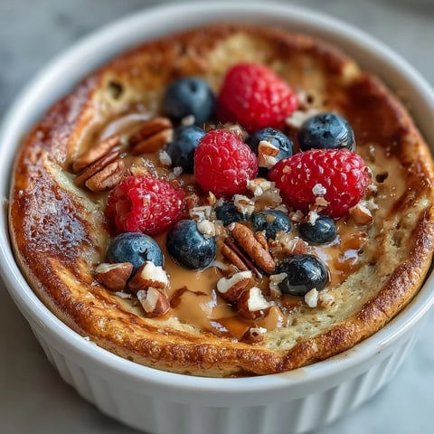 Freshly baked Baked Protein Pancake Bowl in a ramekin, topped with blueberries and a drizzle of maple syrup for a healthy single-serve breakfast.