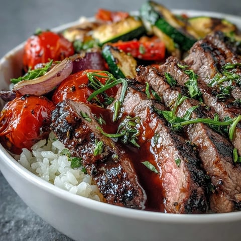 Golden-brown steak slices and colorful roasted vegetables like peppers and zucchini rest on fluffy white rice in a single sheet pan dinner.