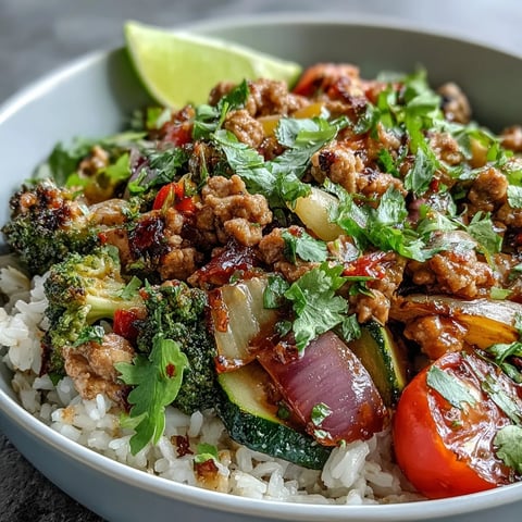 Savory Ground Turkey Bowl with roasted zucchini, bell peppers, and fluffy brown rice topped with fresh avocado.