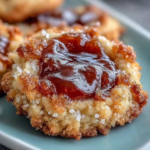 Freshly baked Guava Jam Thumbprint Cookies with a gooey, bright pink center sit on a wire cooling rack.