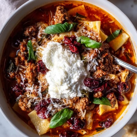 Comforting lasagne soup featuring savory sausage and sweet-tart roasted cranberries on top.  