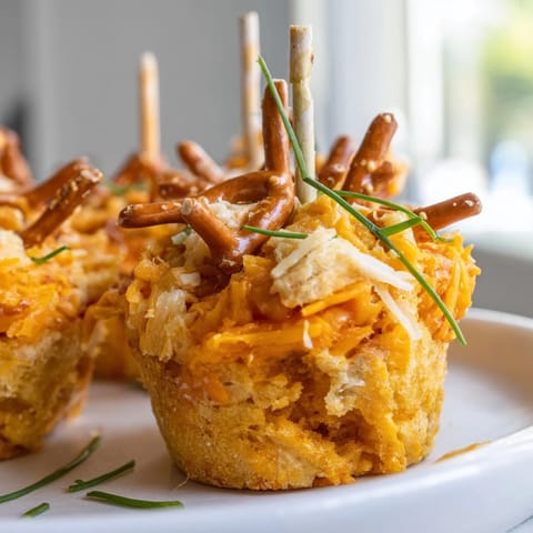 Golden muffin pops bursting with zesty Buffalo sauce and crunchy pretzel pieces.  