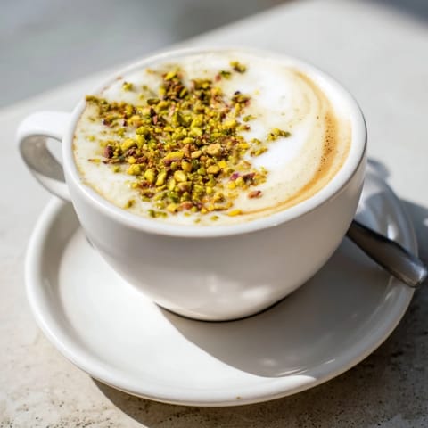 Creamy pistachio milk latte topped with crushed nuts and frothy goodness.  