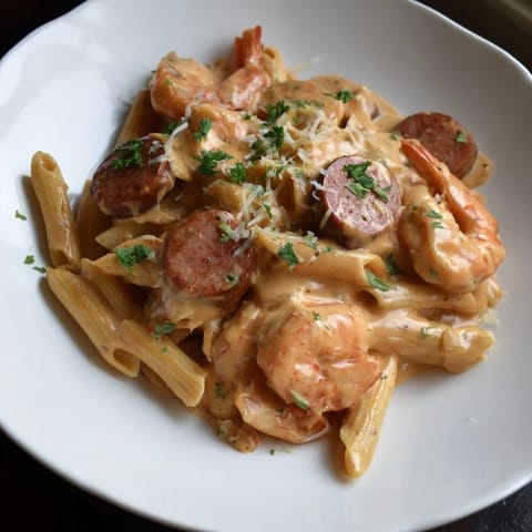 The rich Cajun Alfredo sauce coats every strand of pasta in this cheesy Sausage & Shrimp Alfredo Skillet.