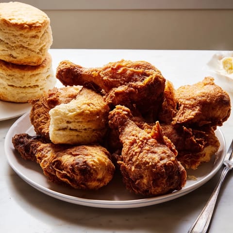 Crispy skin and juicy inside: savor Southern fried chicken served with classic buttermilk biscuits.