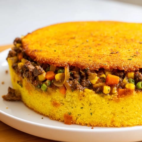 A rustic Cornbread Crusted Beef Pie with a flaky, tender crust, perfect for a cozy supper.