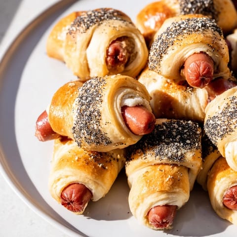 Close-up of savory Everything Bagel Pigs in a Blanket, perfect for a party appetizer.