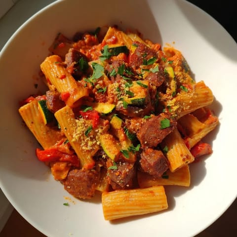 A flavorful Spicy Vegan Chorizo Baked Pasta, creamy and tomato-based, is ready for serving on a plate.