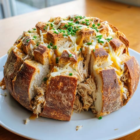 Golden-brown, delicious Leftover Chicken Bake Pull-Apart Bread with melted cheese, ready to be enjoyed.