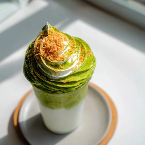 A refreshing Toasted Coconut Gingerbread Iced Matcha latte, topped with whipped cream, is ready to enjoy.