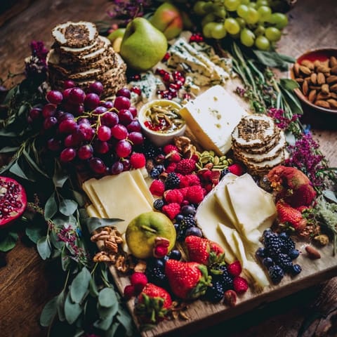 This inviting Enchanted Forest Grazing Board offers a delightful array of fresh berries and artisan cheeses.