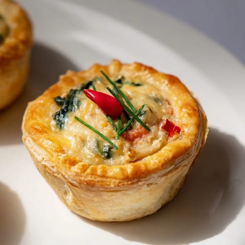 Freshly baked Savory Bites: Mini Quiche Christmas Tree, garnished with vibrant herbs and pomegranate seeds.