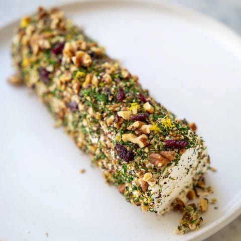 A festive Winter Snowdrift Goat Cheese Log coated with vibrant herbs and cranberries on a platter.
