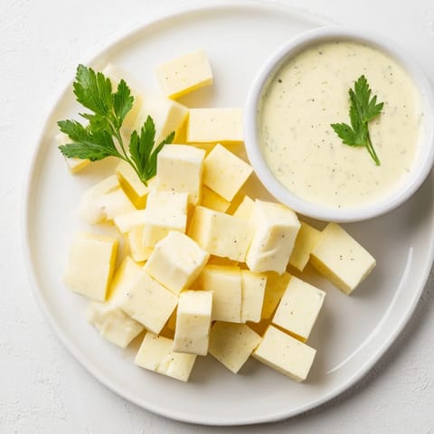 Beautifully arranged cheese platter offering Gouda cubes ready to dip into a tangy mustard sauce.