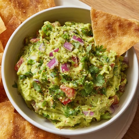 A delicious bowl of Pita Chips and Guacamole, with a colorful mix of fresh ingredients.