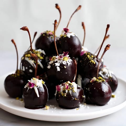 Shiny chocolate coats ripe cherries, creating delicious chocolate-covered cherry dessert bites in a pyramid.