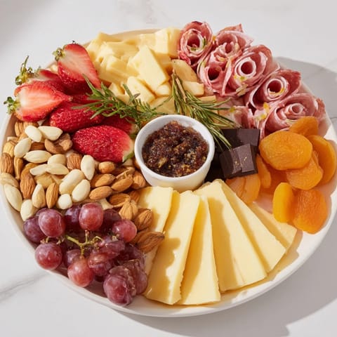 A richly textured Anniversary Heirloom Arrangement with strawberries, grapes, and crackers, ready to eat.