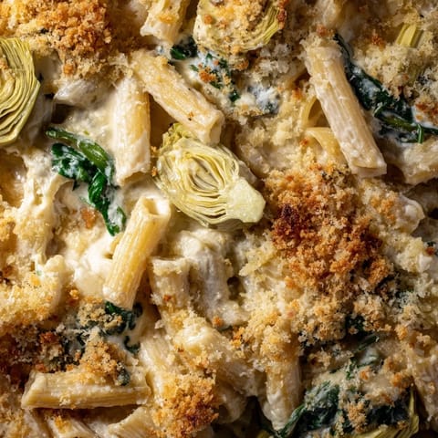 Topped with crispy breadcrumbs and extra cheese, this comforting Artichoke Pasta Bake is served warm for a family dinner.