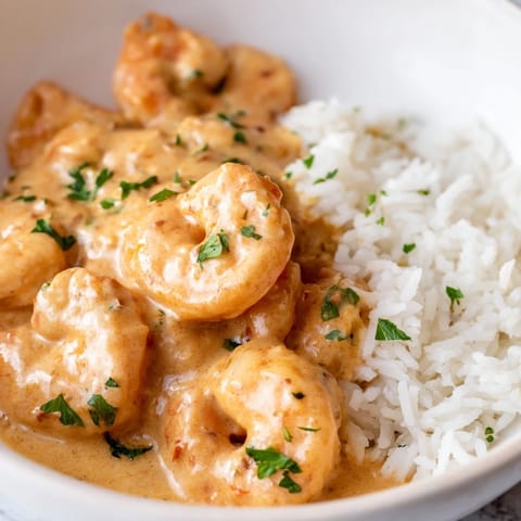 The main image shows creamy Cajun shrimp rice bowl with a spoon drizzling sauce over succulent shrimp and rice.