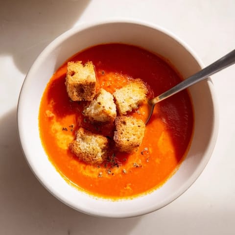 Roasted tomato soup topped with golden, crispy croutons and a swirl of cream on a wooden table.  