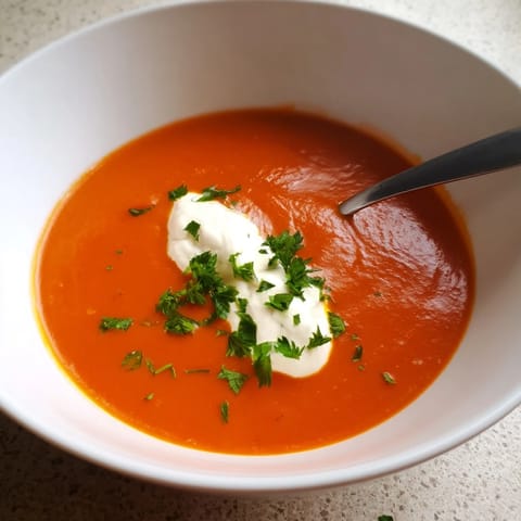A creamy bowl of roasted red pepper soup with a swirl of yogurt, fresh herbs, and a warm slice of bread for dipping.