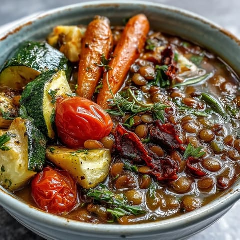 A warm bowl of Lentil and Vegetable Soup garnished with fresh parsley, steam rising invitingly.