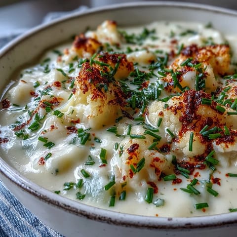 Creamy vegetarian cauliflower chowder served with crusty bread for a cozy, comforting meal.