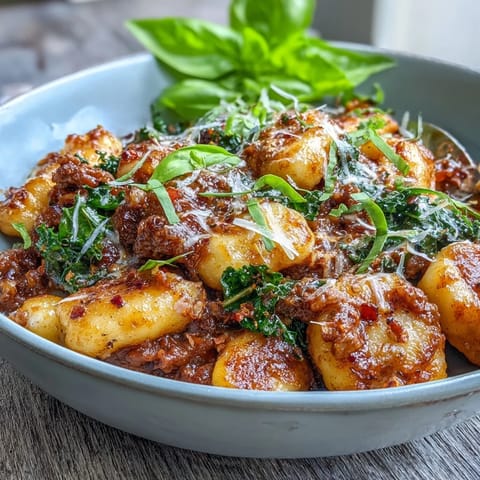 Golden brown spicy Italian sausage simmering in a rich tomato sauce with wilted kale and tender potato gnocchi, ready to serve.