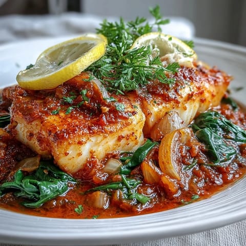 Freshly served Spiced Cod One Pot garnished with cilantro and lemon wedges alongside a side of fluffy rice.  