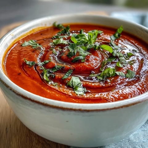 Silky, vibrant Tomato and Basil Soup served hot in a rustic white bowl, garnished with fresh basil and an olive oil drizzle.