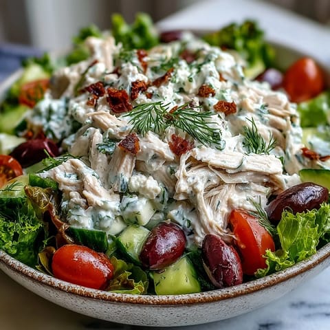 Fresh Tzatziki Chicken Salad in a white bowl, topped with crumbled feta and Kalamata olives, served over vibrant spinach for a light Mediterranean lunch.