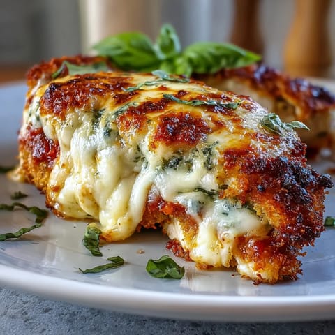 Golden-brown breaded chicken breasts baked with marinara and melty mozzarella, topped with fresh basil and served alongside spaghetti for a complete Italian-style dinner.