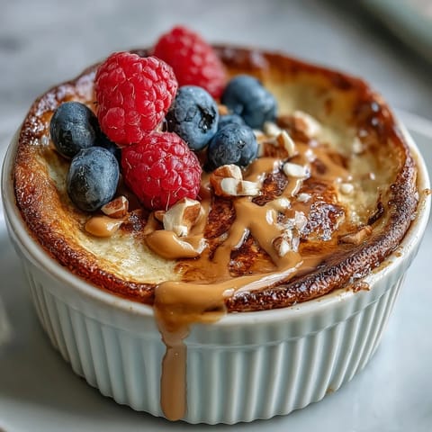 Warm Baked Protein Pancake Bowl with chocolate chips and peanut butter, pulled straight from the oven for a high-protein meal prep treat.