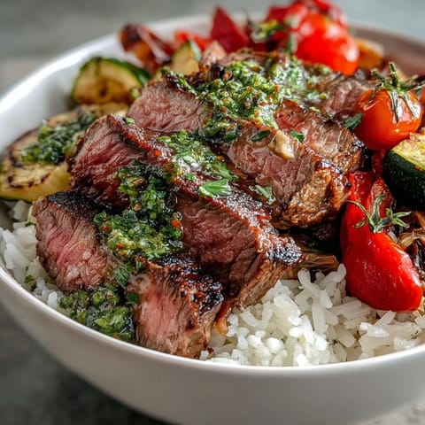 Vibrant Grilled Steak Bowl with fluffy rice, charred vegetables, and a drizzle of homemade chimichurri sauce.