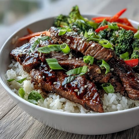 A close-up of a savory Teriyaki Beef Bowl topped with green onions and sesame seeds.