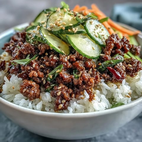 Vibrant Korean Ground Beef Bowl with fluffy rice and colorful, tangy quick-pickled vegetables for a quick weeknight dinner.