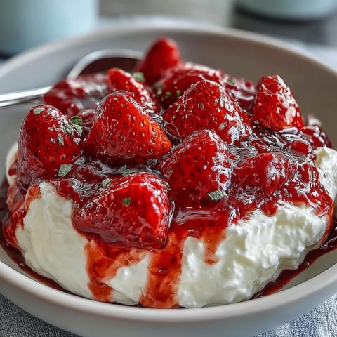 A vibrant bowl of creamy Greek yogurt topped with warm, juicy strawberry compote and crunchy almonds.
