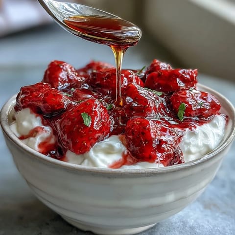 Fresh strawberry compote drizzled over thick Greek yogurt, garnished with nuts and a swirl of honey.
