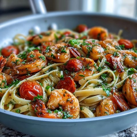 Aromatic one-pot meal of garlic shrimp and angel hair pasta, tossed with cherry tomatoes, snap peas, and baby spinach.  