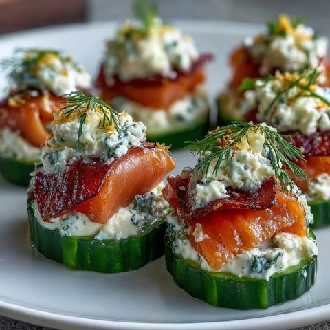 Cucumber Bites with Cream Cheese and Smoked Salmon arranged on a white platter with dill garnish.