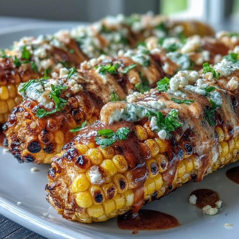 Grilled corn on the cob with creamy elote sauce, Cotija cheese, and chili powder—Mexican street food at its best.