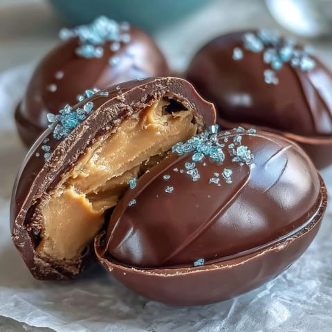 Homemade peanut butter eggs with creamy filling dipped in glossy chocolate, perfect for Easter baskets and holiday gifting.
